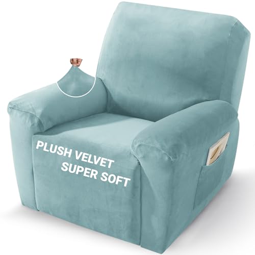 Image of ZNSAYOTX 2026 Velvet Oversized Recliner Cover 3-Piece, Luxury Plush Recliner Chair Covers with Elastic Band & Ties Stay in Place, Stretch Reclining Slipcover for Lazy Boy Soft Washable (Stone Blue)