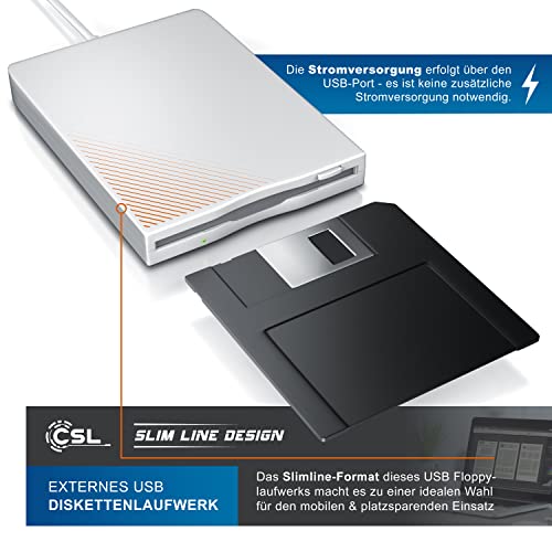 CSL - Externes USB Diskettenlaufwerk FDD 1,44MB 3,5 Zoll - PC und MAC - Slimline Floppy Disk Drive Extern - Portable - Plug and Play - in weiß - Windows 11 fähig
