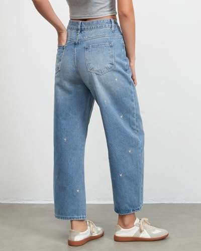 Women's Wide Leg Baggy Jeans Boyfriend Straight Leg Tapered Jeans Embroidered Heart Ankle Denim Pants2