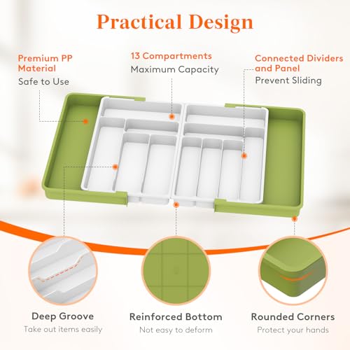Lifewit Silverware Drawer Organizer, Expandable BPA Free Plastic Utensil Tray for Kitchen, Adjustable Flatware Cutlery Holder for Spoons Forks Knives, 21.3- 36 x 16.9", Green&White