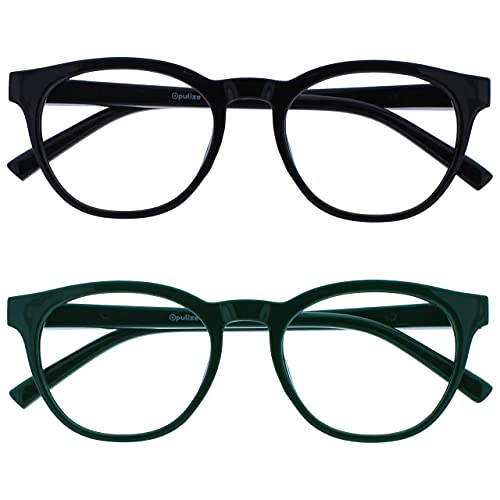 Image of OPULIZE BLU Blue Light Blocking Reading Glasses for Women Men, Cool Round Frame with Anti-Glare Computer and Gaming Eyewear, UV and Eyestrain Protection, Black Green +1.00 (Pack of 2)