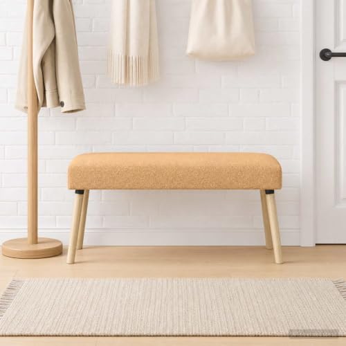Banco acolchado bouclé beige con acabado de madera noble para interiores sofisticados 5