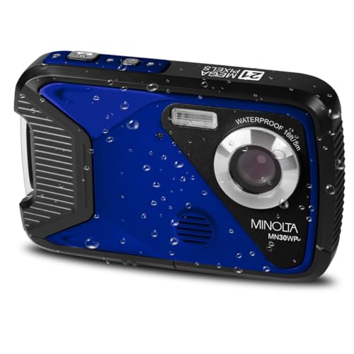 Minolta Waterproof Digital Camera - Underwater 16ft 21MP Photos 1080p HD Video 2.8 LCD 4X Digital Zoom Anti-Shake Face Detection Smile Capture Scene Modes 16GB Memory Card (Blue)