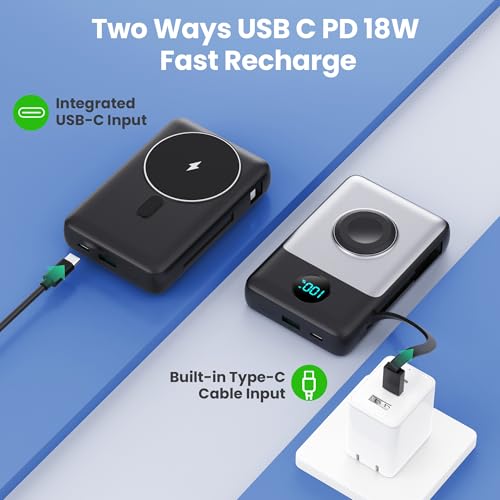 Image of 6 in 1 Magnetic Portable Charger for iPhone with Built-in Cables, 10800mAh 25W PD Fast Charging Power Bank, 6 Outputs Travel Essential Battery Pack for iPhone 17 /16 /15 /14 /13 /12 Series,Apple Watch