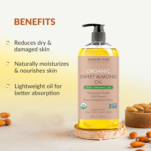 Majestic Pure USDA Organic Sweet Almond Body Oil | Large 236 ml | 100% Pure & Natural Cold Pressed Oil Sweet Almond Oil for Skin, Face, Nails, Hair, Scalp & Massage | 236 ml