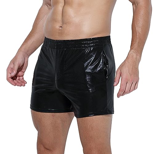 Mens Metallic Shorts Sexy Boxers Party Nightclub Rave Shorts with Pocket