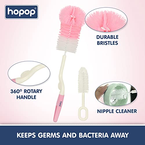 Image of Hopop Bottle Cleaner Brush | Baby Feeding Bottle Cleaning Brush & Nipple Cleaner Brush | 360* Rotating Handle | Easy to Clean Feeding /Water Bottle Corner | BPA Free | Pink