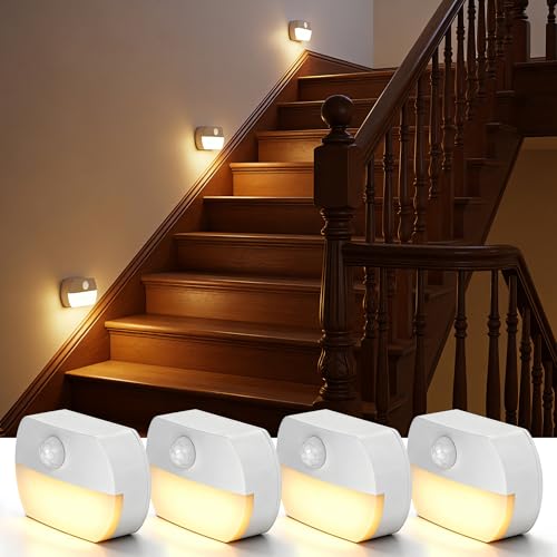 Image of L LOHAS LED Motion Sensor Light indoor, 4 Pack Motion Sensor Step Lights Indoor, Battery Operated Stair Lights, Warm White 3000K, Wireless Stick-On LED Night Lights for Hallway, Bedroom, Under Cabinet
