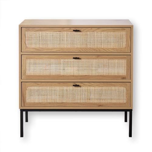 Cassettiera a 3 cassetti effetto legno con impagliatura in rattan L80 cm - JAYA