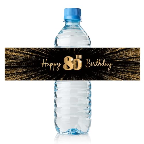 Black and Gold 80th Birthday Water Bottle Labels, 80th Birthday Party Water Bottle Labels for 80th Birthday Party Favors to Celebrate 80 years-24 Stickers.