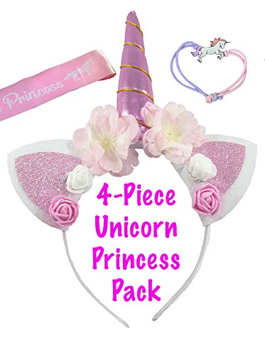 Unicorn Headband for Girls – Unicorn Party Kit Includes Horn Headband with Bracelet, Unicorn Princess Sash and Fabric Gift Bag – Best Girls Unicorn Costume for Halloween, Birthday and Dress Up