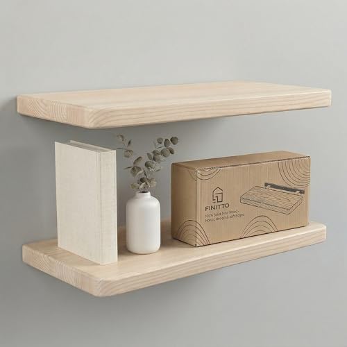 FINITTO 'Aura' Estanterías Flotantes Madera Maciza Pino | Pack 2 | Blanco Crudo o Negro Translúcido | Cantos Redondeados | Kit Pladur y Pared | 40cm / 58cm (Blanco, 58CM, 2)