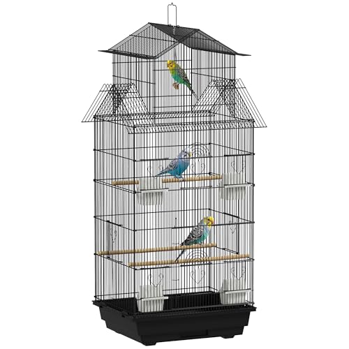 PawHut Jaula para Pájaros de Acero Pajarera con Comederos Perchas Columpio y Bandeja Extraíble Jaula Grande para Loros Canario Periquito 50,5x41x104 cm Negro