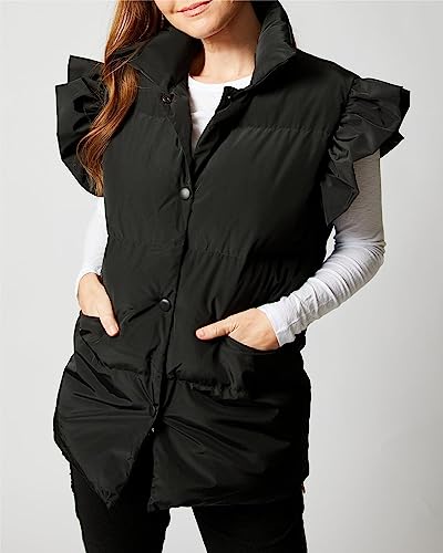 Valphsio Women's Puffer Vests Ruffle Sleeve Winter Button Down Padded Gilet with Pockets2