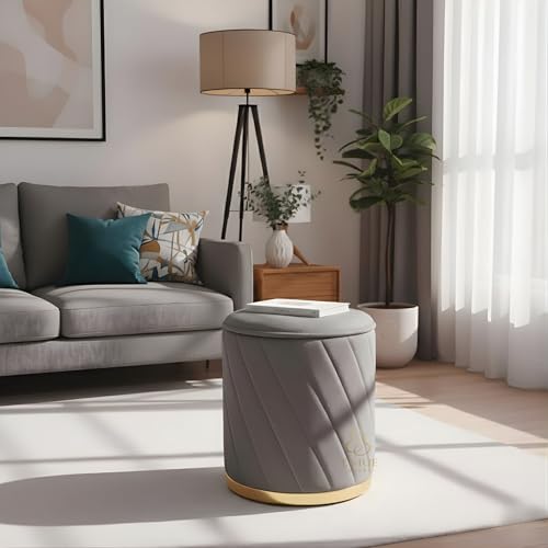 Image of Luxury Round Velvet Ottoman Stool with Gold Base - Modern Upholstered Footrest Pouffe, Tufted Vanity Seat, Living Room Bedroom Dressing Stool (Grey)