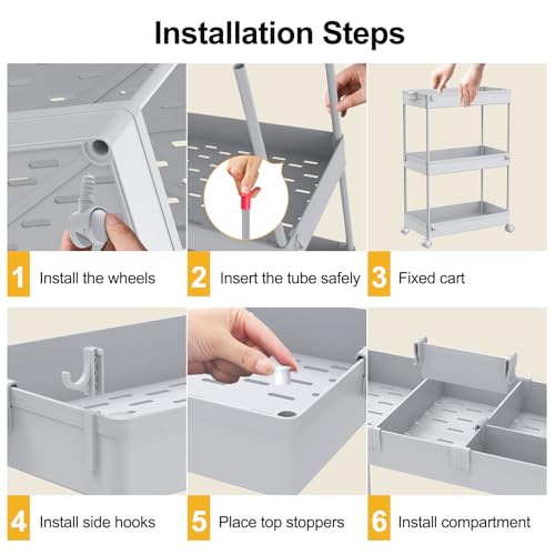 Image of SPACELEAD 4 Tier Rolling Cart with Wheels, Storage Craft Art Trolley Organizer Serving, 3 Hanging Baskets Easy Assembly, for Office, Living Room, Kitchen
