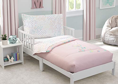 Delta Children 4 Piece Toddler Bedding Set For Girls - Reversible 2-In-1 Comforter - Includes Fitted Comforter To Keep Little Ones Snug, Bottom Sheet, Top Sheet, Pillow Case - Pink Butterfly Flutter #TOP4