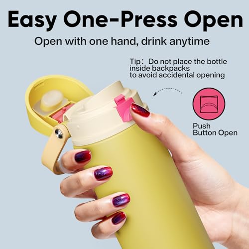 Image of Insulated Water Bottle with Straw - Encool Stainless Steel Water Bottle with Push Button Lid, Leak-Proof & BPA-Free, Keeps Cold for 24 Hours for Sports, Travel, Gym (24 oz, Ginger)