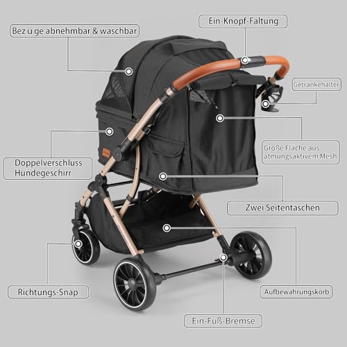 EchoSmile Ein-Knopf-Falt Hundewagen, Hundebuggy bis 20kg für kleine mittel Hunde & Katzen, Hunde Buggy & Katzenwagen mit Umkehrbarer Griff, Stoßdämpfung & Abnehmbares Waschbares Pad (Schwarz)