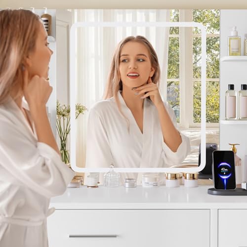 Image of FIONESO Vanity Desk with Mirror and Lights, Makeup Vanity with Power Outlet and 4 Drawers & 6 Shelves & 5 Hooks, 3 Color Modes & Adjustable Brightness, White Vanity for Bedroom