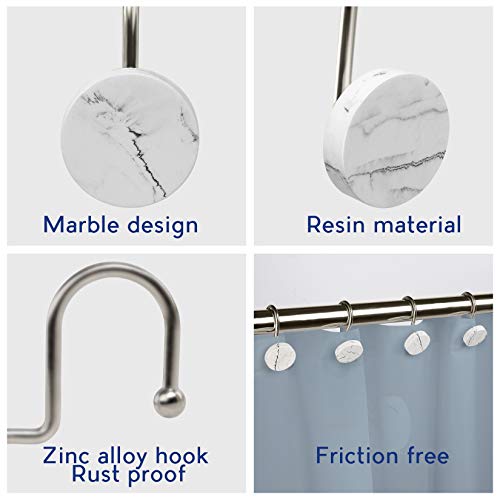 Shower Curtain Hooks, Marble Home Decorative Rust Resistant Shower Curtain Rings for Bathroom, Glide Shower Curtain Hooks for Shower Liner, Set of 12 for Shower Rod (Nickel)