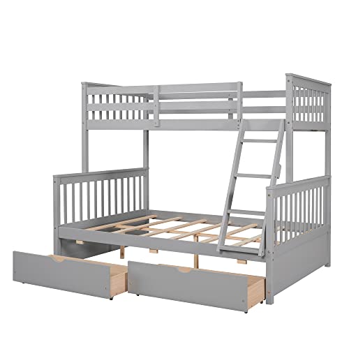 Harper & Bright Designs Bunk Bed With Drawers, Twin Over Full Bunk Bed, Solid Wood Bunk Bed Frame With Ladders & 2 Storage Drawers, Bedroom Furniture(Gery, Twin/Full With Drawers) #TOP4