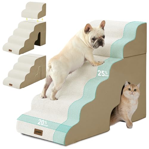 ZOMISIA Dog Steps for High Beds - 6 Step 29" H Pet Stairs with Tunnel 2 in 1 with Zippers Suitable for Large Dogs and Cats, Indoor Cat Ladders with Non-Slip Bottom, Beige