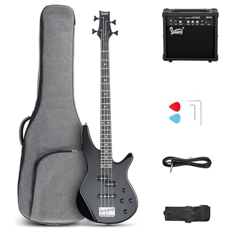GLARRY 4 String Electric Bass Guitar Beginner Kit，GIB Series Full Size Solid Body Bass Guitar with 20W AMP, Gig Bag Backpack and Accessories (Black) Cover