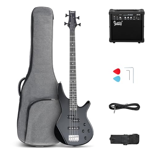GLARRY 4 String Electric Bass Guitar Beginner Kit?GIB Series Full Size Solid Body Bass Guitar with 20W AMP, Gig Bag Backpack and Accessories (Black)