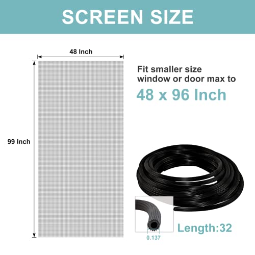 Hador Window Screen Replacement 48 In X 99 In With 32 Ft Screen Retainer Spline, Gray Ultra-Durable Screen Repair Kit, Not Easy To Tear Upgraded Polyester Window Screen Mesh Net Roll For Window & Door #TOP2