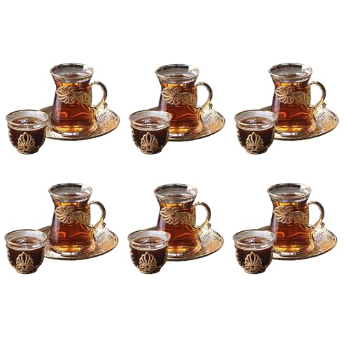 LaModaHome Vintage Handmade Turkish Tea Glasses Set of 6 with Saucer, Holder and M?rra Cups, Ottoman and Arabic Cups for Serving Guests, Teatime, Dinner, Housewarming Gifts, Events, Parties - Gold