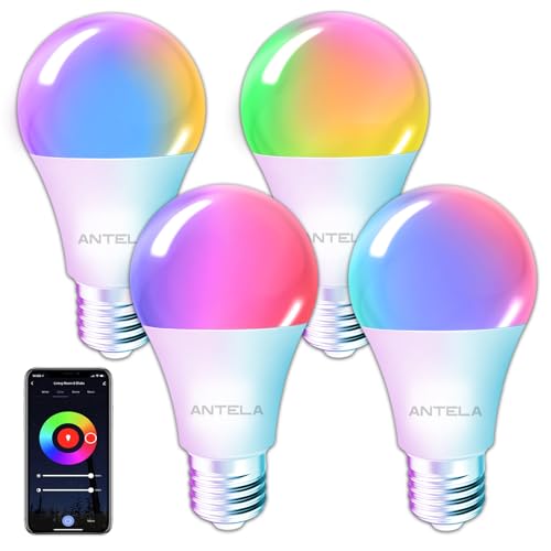 ANTELA Lampadina WiFi Intelligente E27, 9W 1000 Lumen Lampadine Led Smart Alexa Multicolore RGBCW Dimmerabile 2700-6500K, Funziona con Alexa e Google Home, Telecomando con APP, 4Pezzi