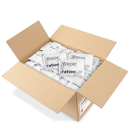 ration1 Trinkwasser, 20 Liter Wasser, 200 Einzelbeutel je 100 ml, 10 Jahre haltbar, als 10 Tage Notvorrat Wasser Krisenvorsorge, für Camping, Outdoor, Wandern, Reisen, Festival, Lebensmittel Vorrat