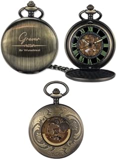 HOLZZEUG Taschenuhr mit Gravur in Bronze mit sichtbarem Uhrwerk personalisiert inkl. Kette und Sakkoclip