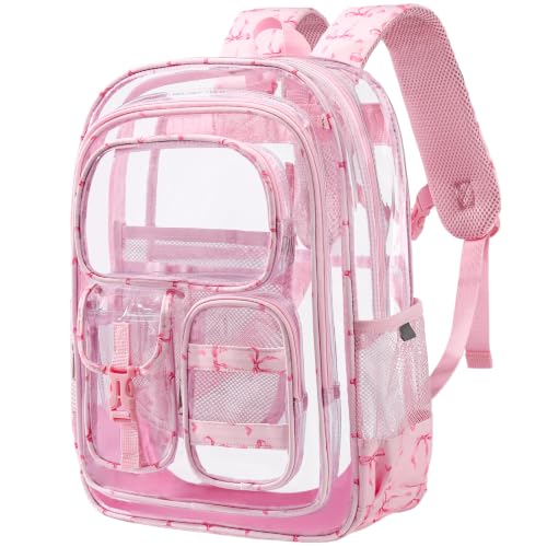 Unineovo Three-layer Clear Backpack, Heavy Duty Clear Bookbag for Kids, See Through Backpack Transparent Bag for Girls Boys (Pink Bow)