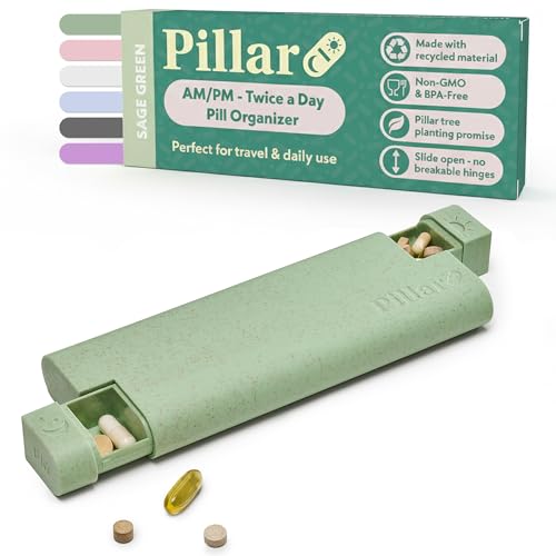 Pillar AM/PM Pill Box Organizer Two Times a Day | Aesthetic 7 Day Tablet Organizer 2 Times A Day | Beautiful Weekly Pill Box for Day and Night Medication (Sage Green)
