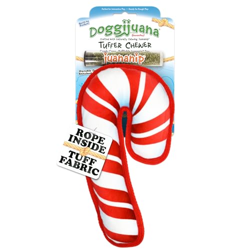 Image of Doggijuana Tuffer Chewer Dog Toy, Candy Cane | Holiday Plush, Squeaky | Squeaky plush dog toy with calming Juananip catnip inside; eases anxiety, stress & boredom; durable interactive chew toy