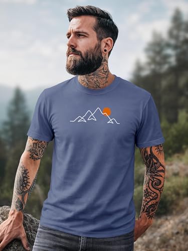 Neverless® Herren T-Shirt Frontprint Line-Art Berge Wandern Natur Outdoor Fashion Streetstyle Denim-Blue M