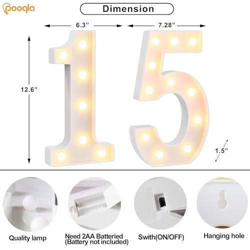 Image of Pooqla 15th Birthday Decorations for Girls Boys, Large 12.6 in Tall Light Up Numbers for 15th Party Decorations Table Decor, Big Marquee Numbers 15th Birthday Gift for Girls Wedding Anniversary Decor