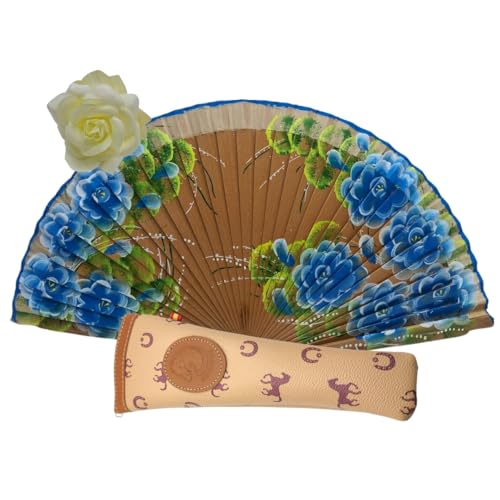 Planta Color Abanico de Madera con Flores Pintadas a Mano. Incluye una Funda para Proteger el Abanico. Pinza de Pelo con Diseño de Flor para Complementar tu estilo (Marrón 2)