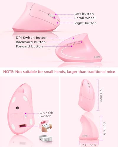 Lekvey Ergonomic Mouse, Vertical Wireless Mouse, Rechargeable 2.4 GHz USB Optical Carpal Tunnel Mice : 800/1200 / 1600 DPI, 6 Buttons, for Laptop, PC, Computer, Desktop, Notebook etc, Pink