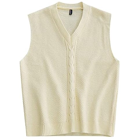 Men's Sleeveless Jumpers Cable Knit Vest V-Neck Sweater Vest Business Causal Waistcoat White Cover