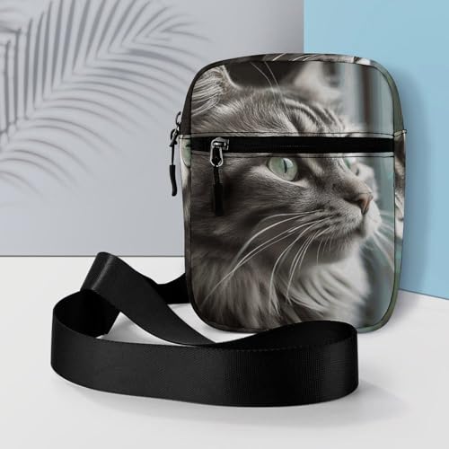 Personalized Small Crossbody Bag Water Resistant Messenger Bags Mini Gray with Green Eyes Printing SlingBag For Men Women 6