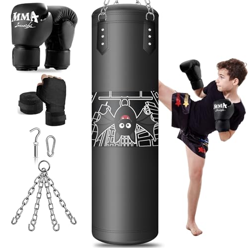 Boxsack für Kinder Hängend Schwerer mit Boxhandschuhen für Kinder 3-12 Jahre MMA Kickboxen Karate Muay Thai Kämpfen Zuhause Turnhalle Taekwondo Ausbildung (Ungefüllt)