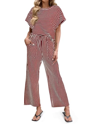 Image of Tankaneo Womens Striped 2 Piece Sets Short Sleeve T Shirts Wide Leg Pants Matching Lounge Set with Pockets