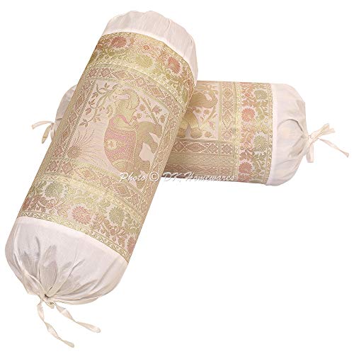 Dk Homewares Ethnic Jacquard Brocade Silk Bolster Yoga Rectangle Pillow Cover Elephant White Tube Living Room Decorative Cylindrical Hotdog Traditional Throw Pillowcase 76X38 Cm - Set Of 2 Pcs #TOP1