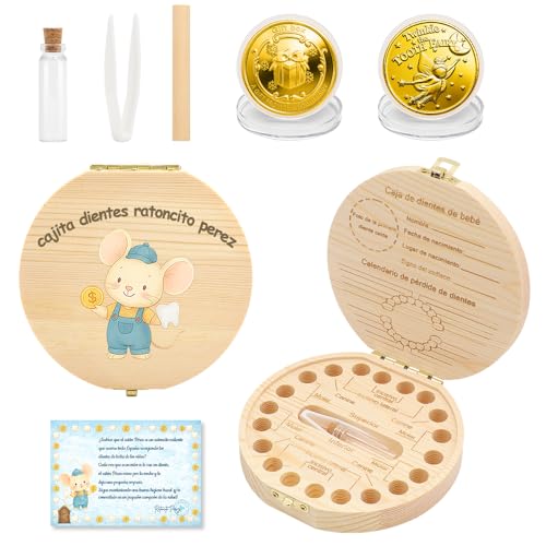WALLFID Caja Dientes de Leche Ratoncito Pérez para Niño y Niña, Cajita de Madera con Motivo Ratón Colorido, Incluye Tarjeta y Moneda,Acumulación de Dientes