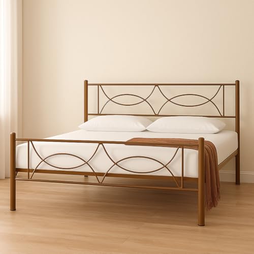 Image of Luno Metal King Size Bed Without Storage | Wrought Iron Double Bed with Headboard & Footboard | Sturdy Powder Coated Platform Bed King Size Cot for BedroomLivingRoom Brown (75x72)