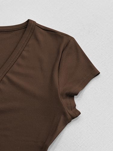 Image of Albe Rita Women Short Sleeve T-Shirt Cap V Neck Shirts for Women Ribbed Casual Top Knit Slim Fit for Summer