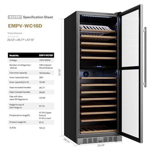 Image of Empava 24 inch Dual Zone Wine Cooler Refrigerator with Reversible Glass Door, Freestanding or Built In Tall Fridge with LED Light, Touch Control, 163 Bottles Capacity